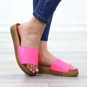 Neon Pink Faux Leather Slip On Comfort Sandal